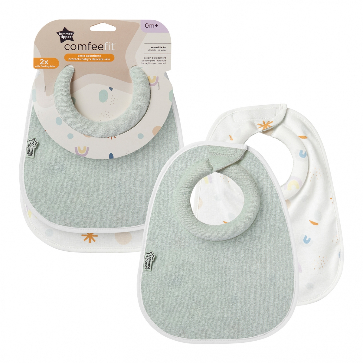 Minkšti medžiaginiai seilinukai kūdikiams TOMMEE TIPPEE Comfeefit, žalios spalvos 2 vnt. rinkinys,nuo 0 mėnesių,apsauga nuo seilių ir drėgmės.