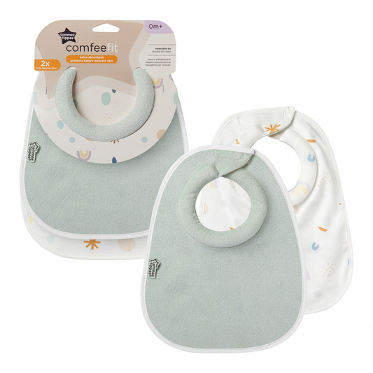 Minkšti medžiaginiai seilinukai kūdikiams TOMMEE TIPPEE Comfeefit, žalios spalvos 2 vnt. rinkinys,nuo 0 mėnesių,apsauga nuo seilių ir drėgmės.