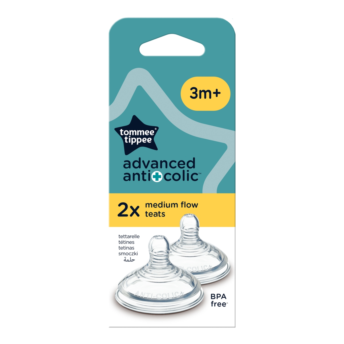 TOMMEE TIPPEE Anti-Colic antikoliniai žindukai nuo 3 mėnesių, vidutinio srauto 2 vnt. pakuotė