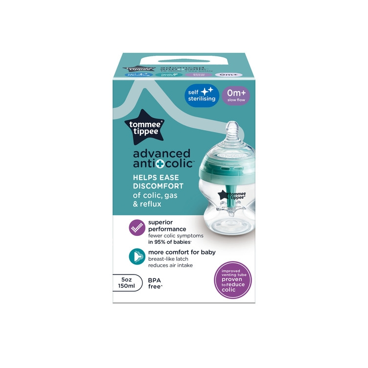 TOMMEE TIPPEE Advanced Anti-Colic antikolinis buteliukas naujagimiams, 150 ml talpa su lėto srauto žinduku